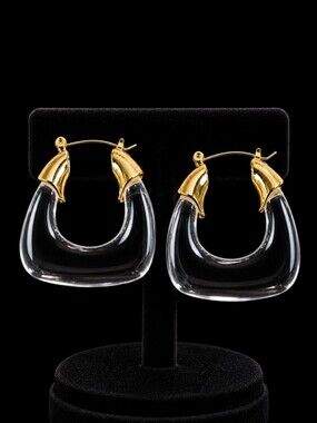 Thick Clear Chunky Lucite Gold Tone Pierced Earrings Unsigned NWOT